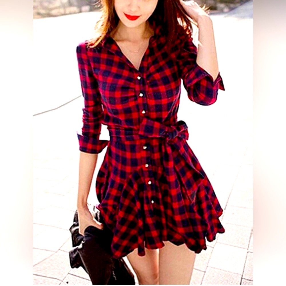 Plaid Red Hem Shirt Dress, Womens medium